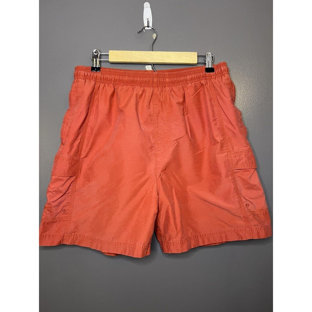 Vintage Tori Richard Swim Shorts Men Medium Red Elastic Waist Cargo Pockets Mesh